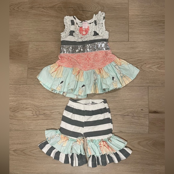 Giggle Moon matching set—grey and blue with sequin waistband. Size 9M. - Picture 1 of 5